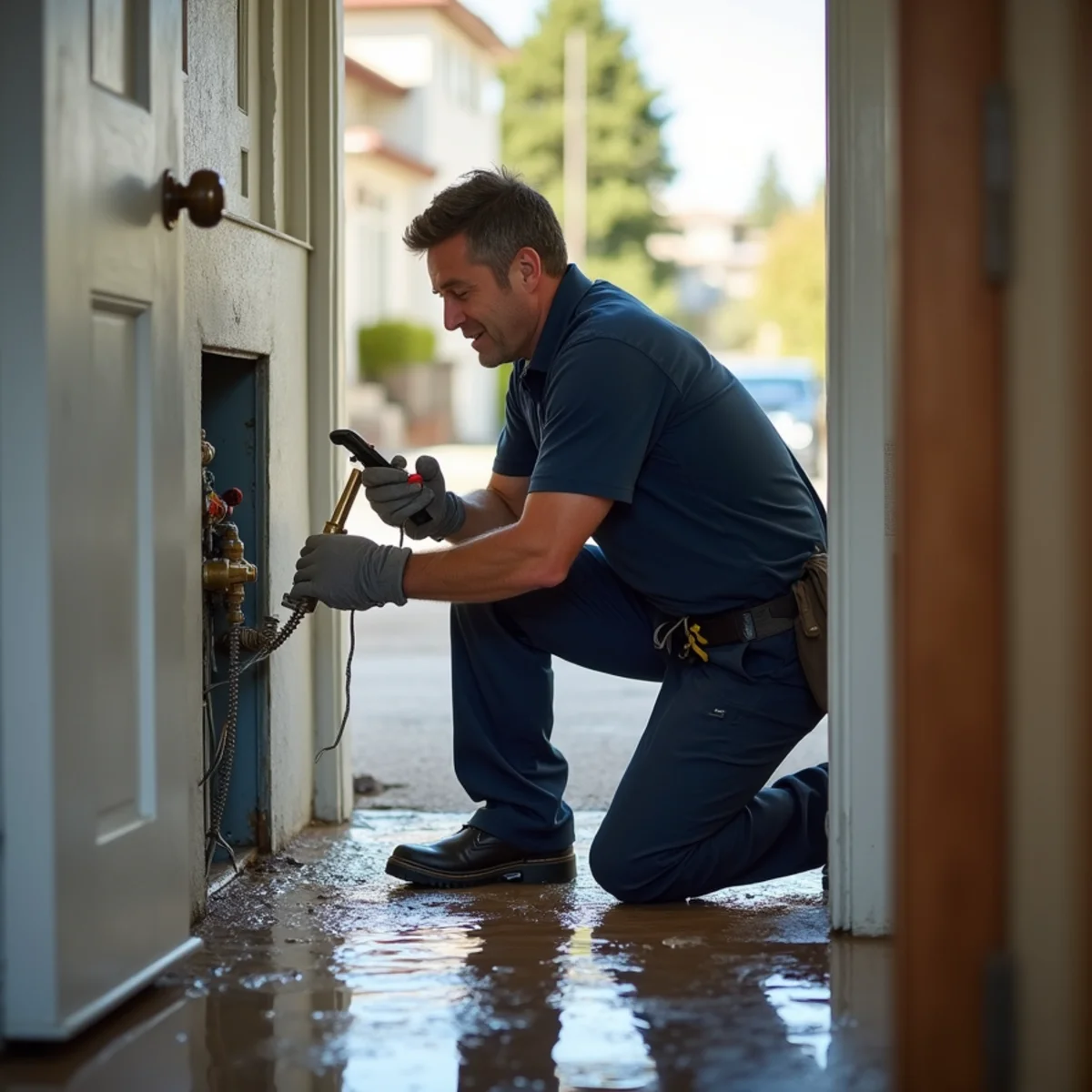Homeowner shutting off the main water valve during a water emergency in a Redwood City home