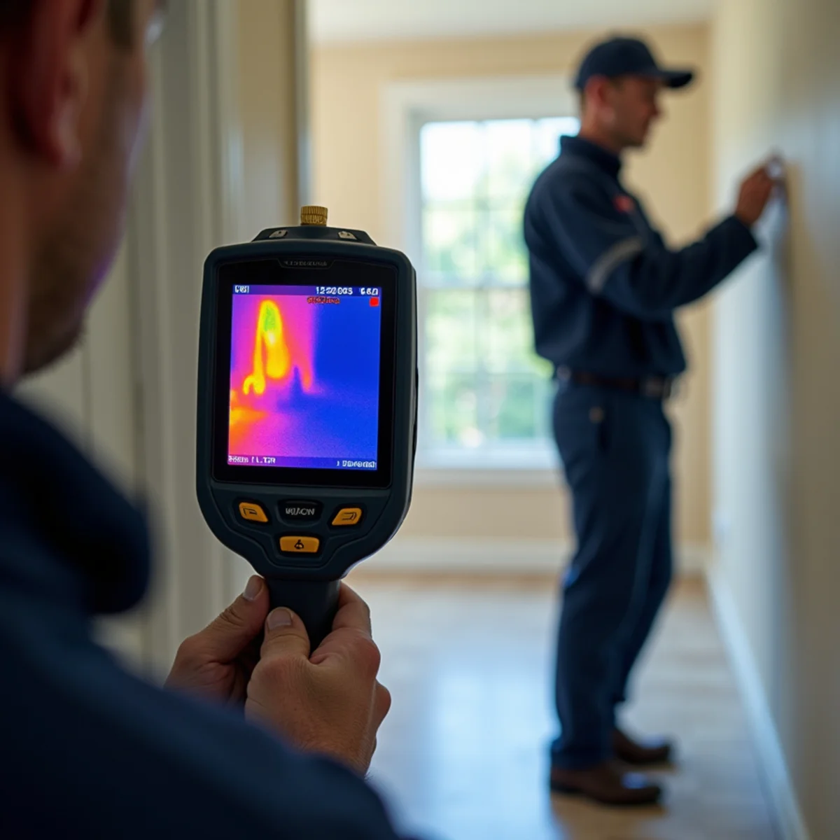 Thermal imaging camera locating a burst pipe inside a Redwood City wall