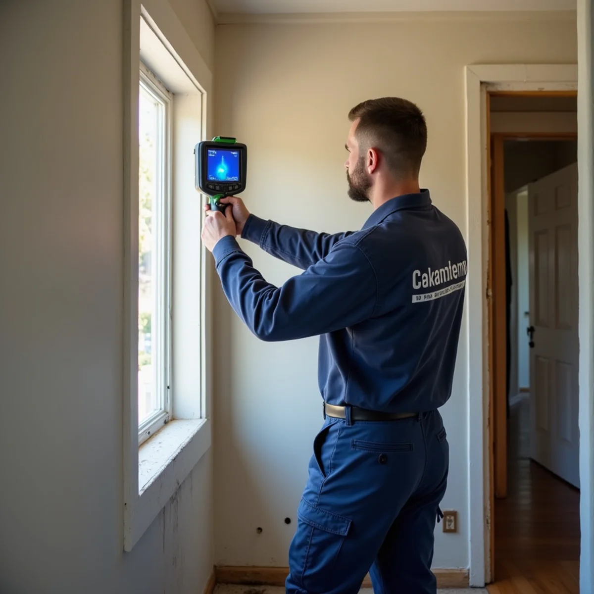 Technician using a thermal camera to locate a burst pipe inside a Redwood City wall