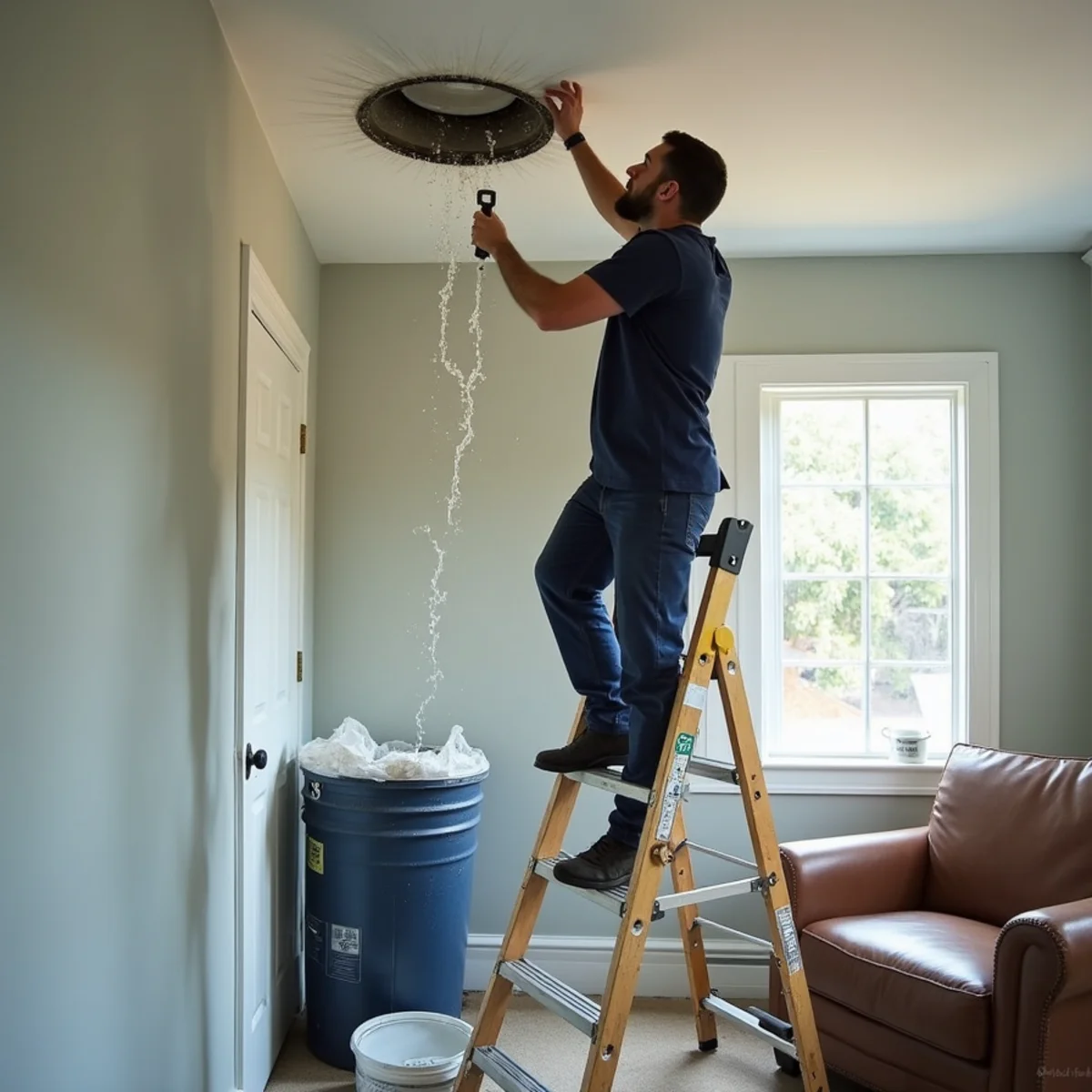 Technician performing a controlled release on a water-filled ceiling in Redwood City
