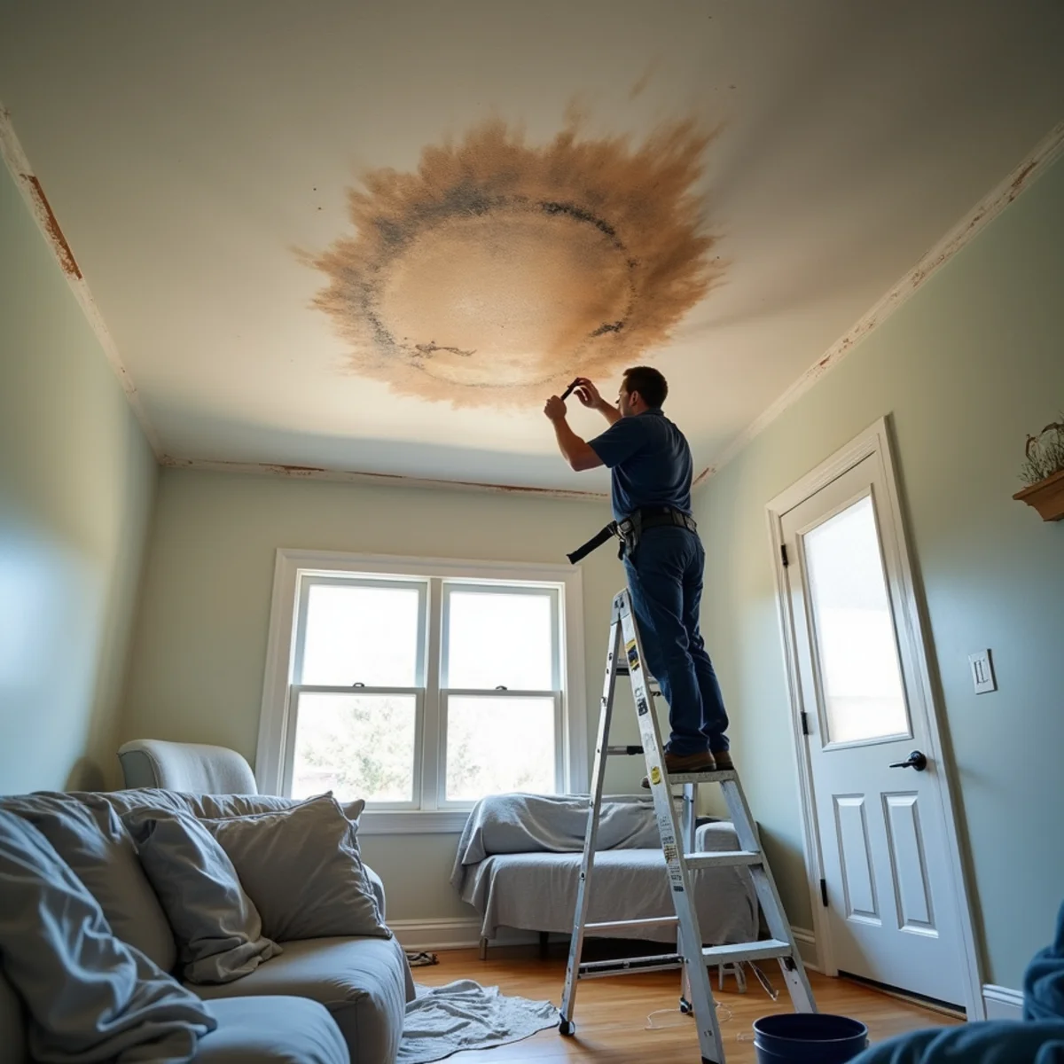 Water-stained and sagging ceiling being assessed in a Redwood City home