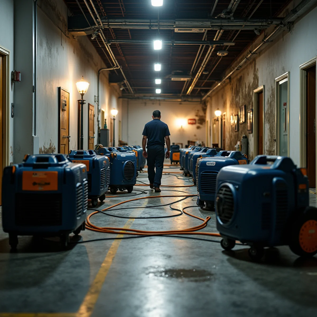 Commercial drying equipment running overnight in a Redwood City office suite