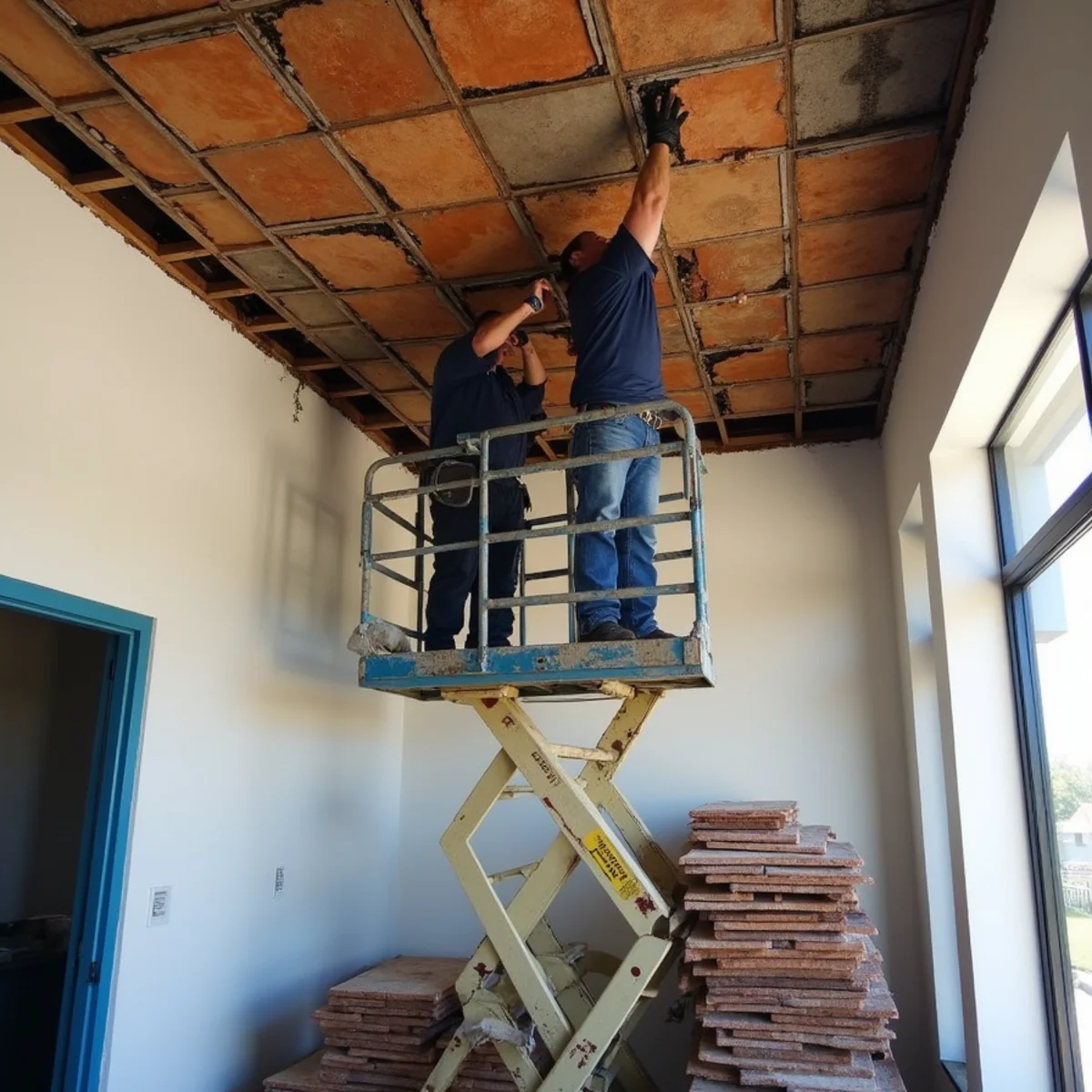Suspended ceiling tile removed after sprinkler discharge in a Redwood City business