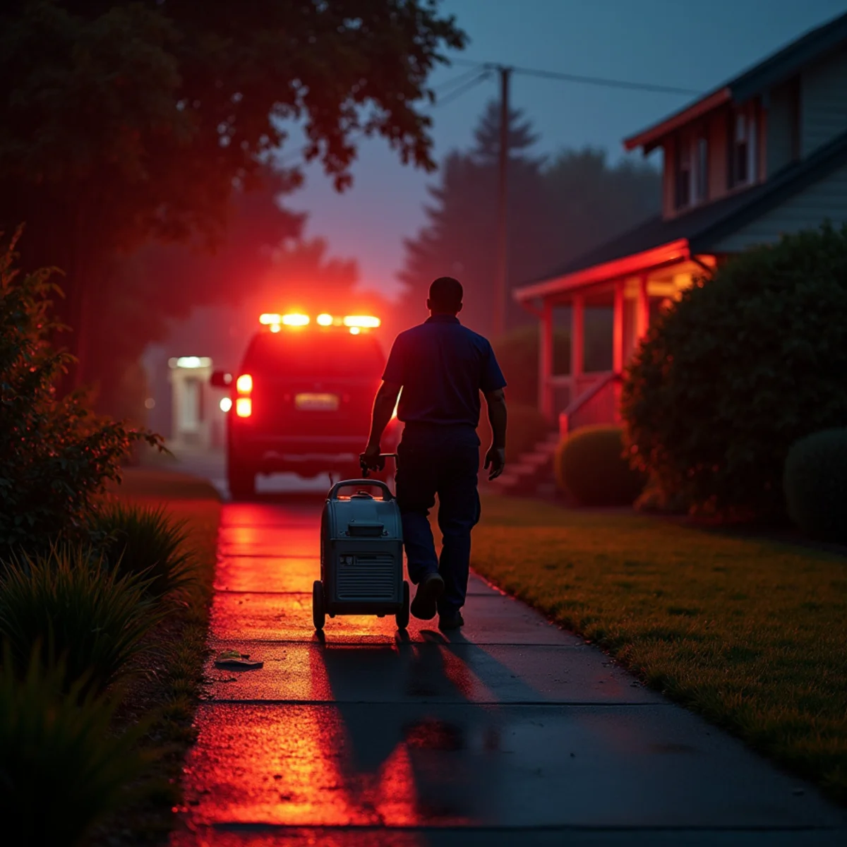Emergency restoration crew unloading equipment at a Redwood City home at night