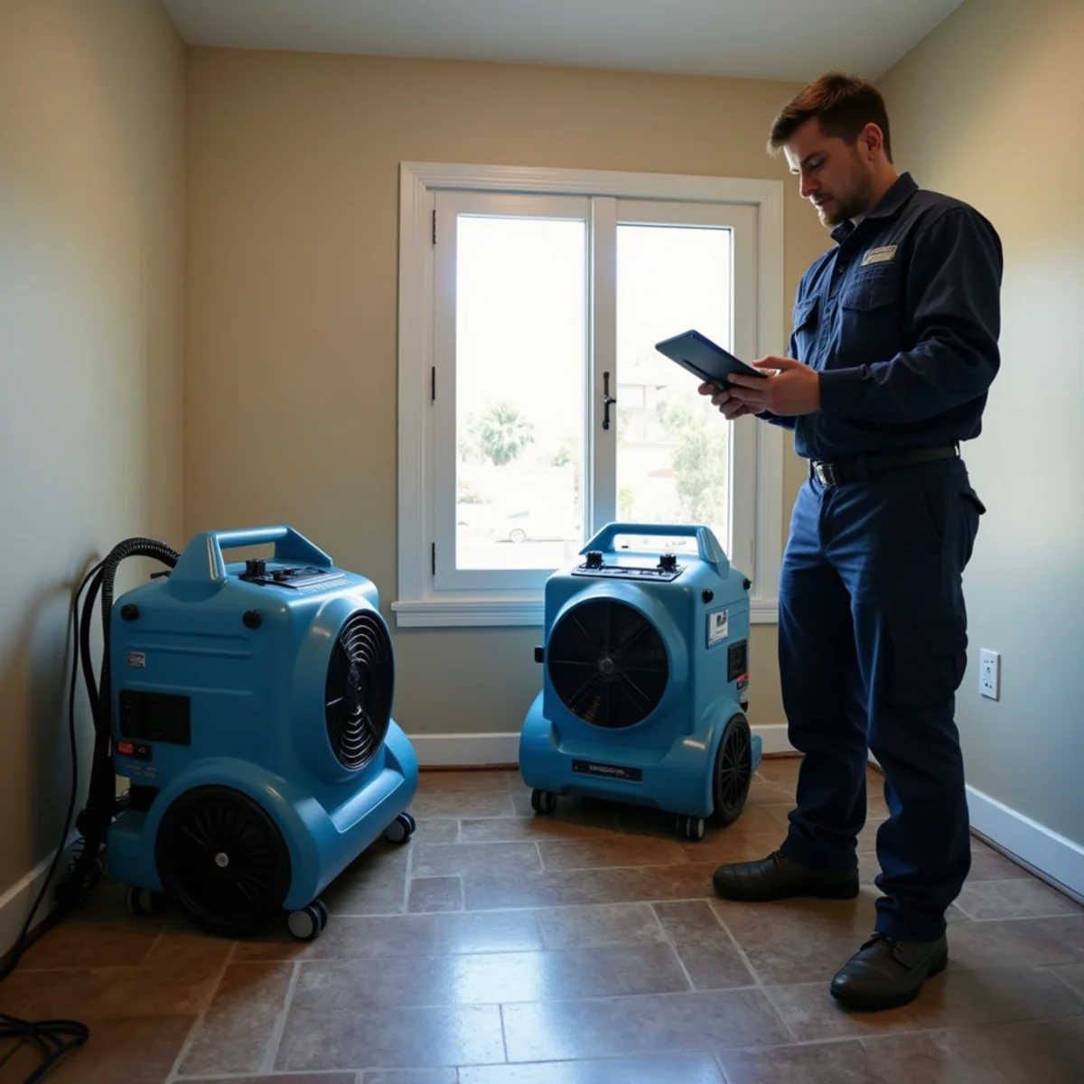 Air movers and dehumidifier set up during an emergency water damage call in Redwood City
