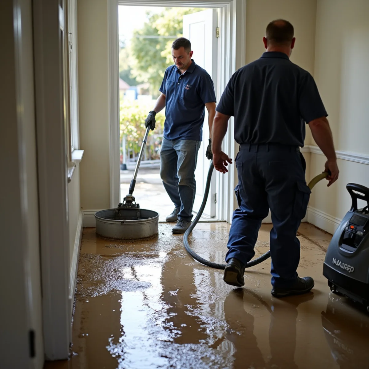 Crew extracting storm flood water from a Redwood City ground floor