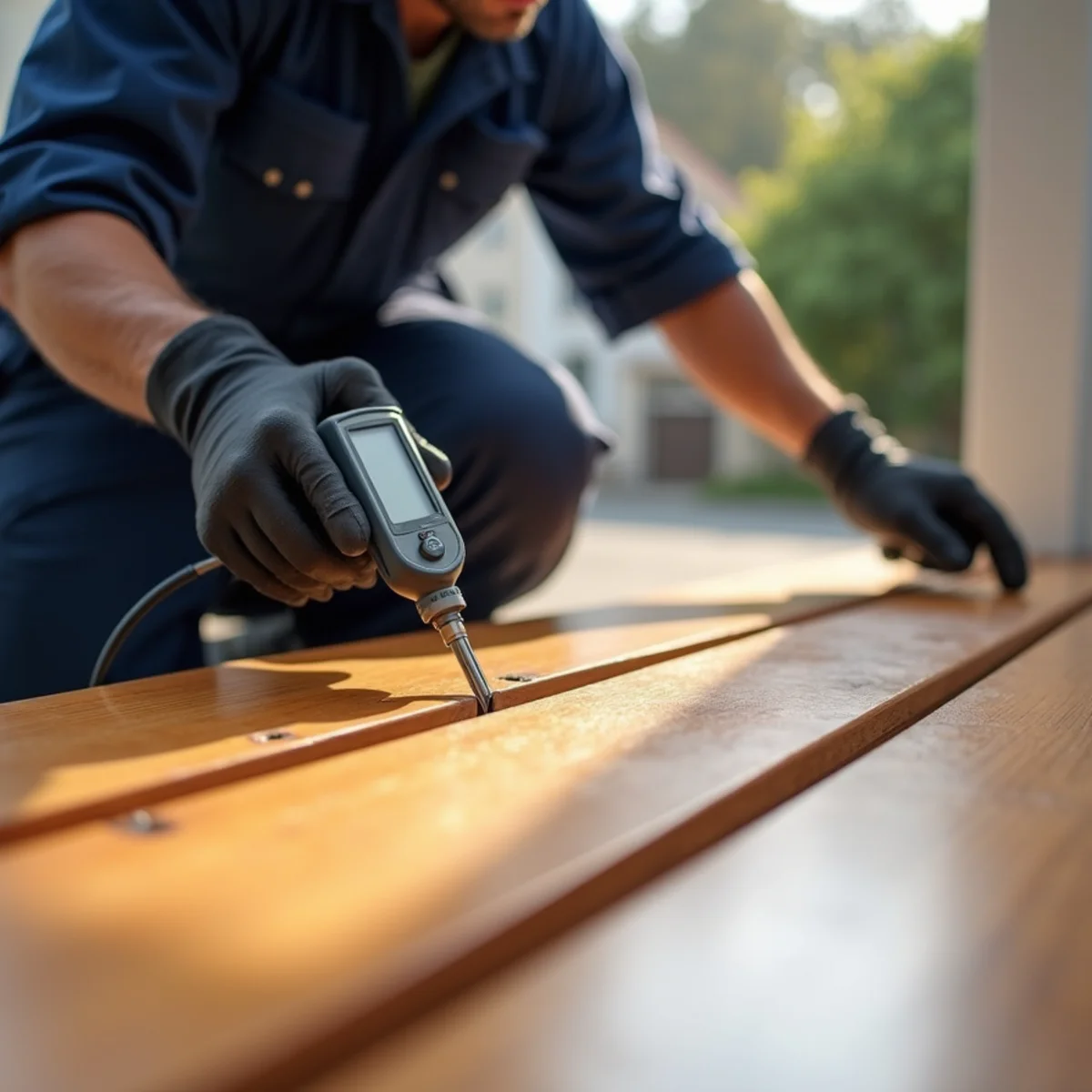 Close-up of cupped hardwood boards being checked with a moisture meter in Redwood City