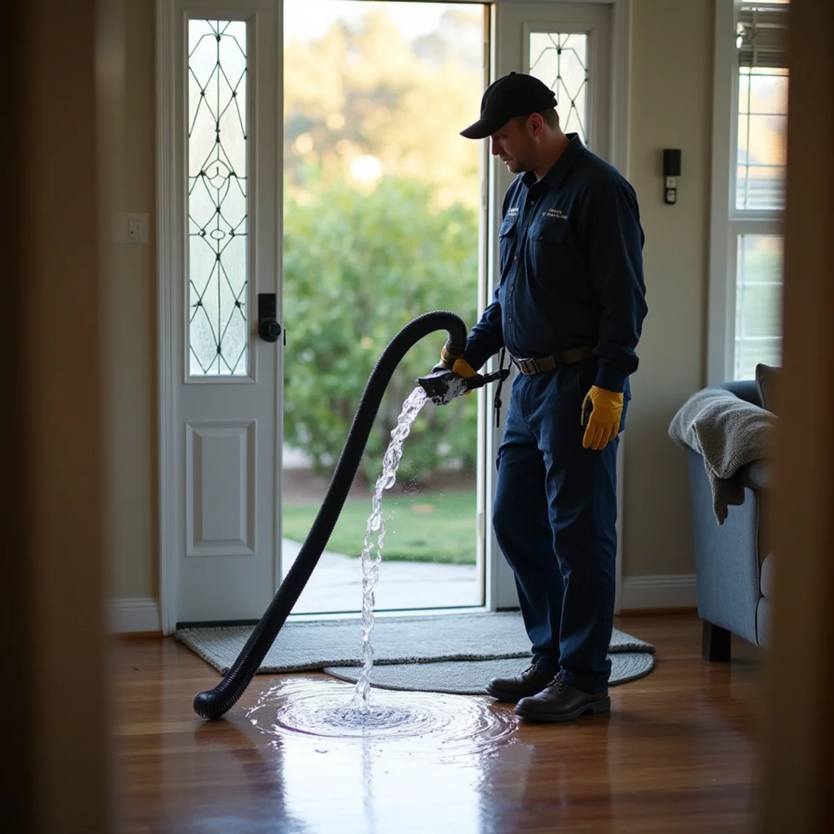 Technician extracting standing water from a Redwood City home in the first hour of a loss
