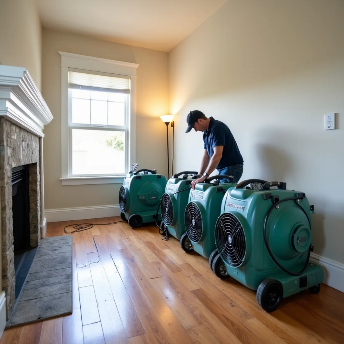 Air movers and LGR dehumidifiers running during structural drying in a Redwood City home