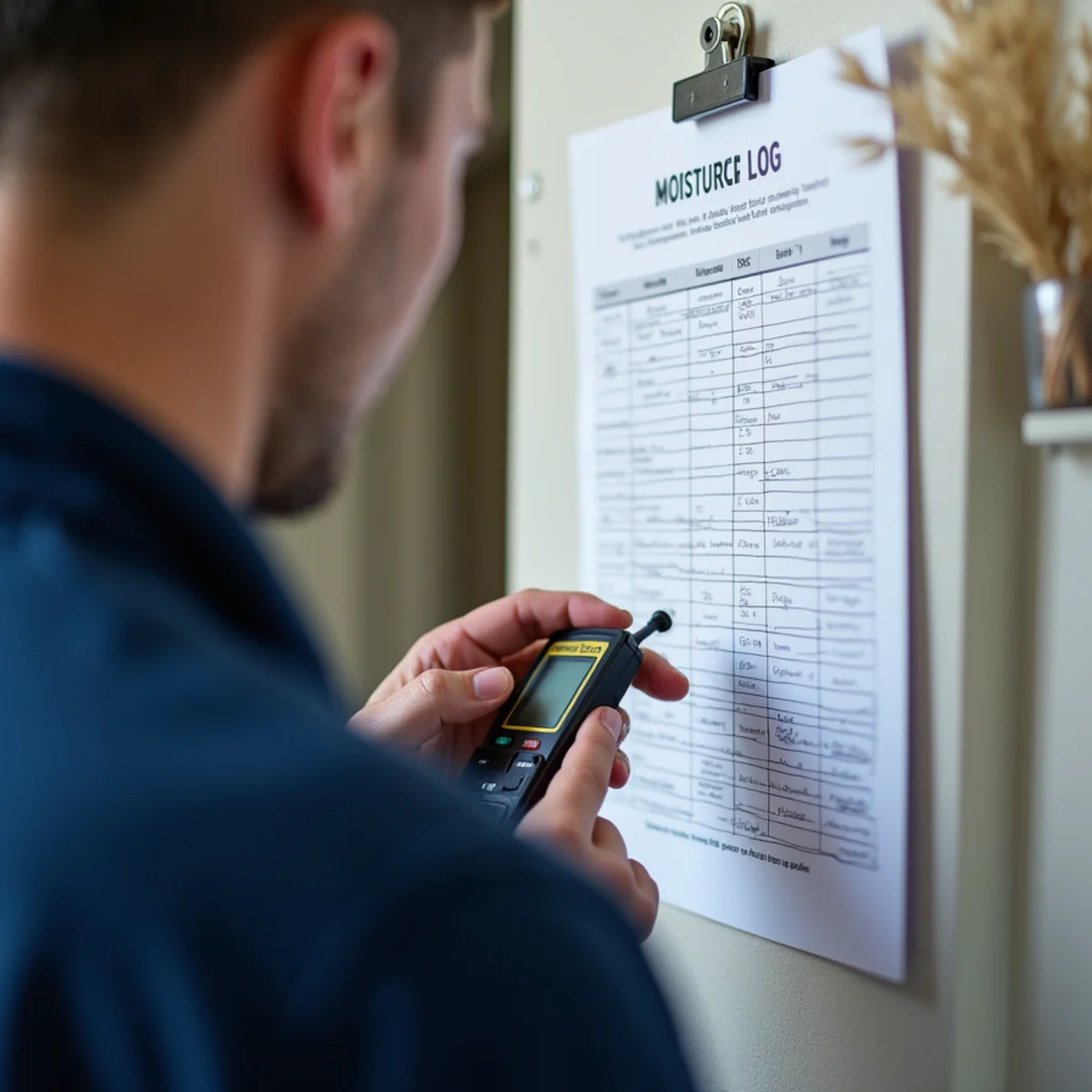Technician recording daily moisture readings on a printed log in a Redwood City home