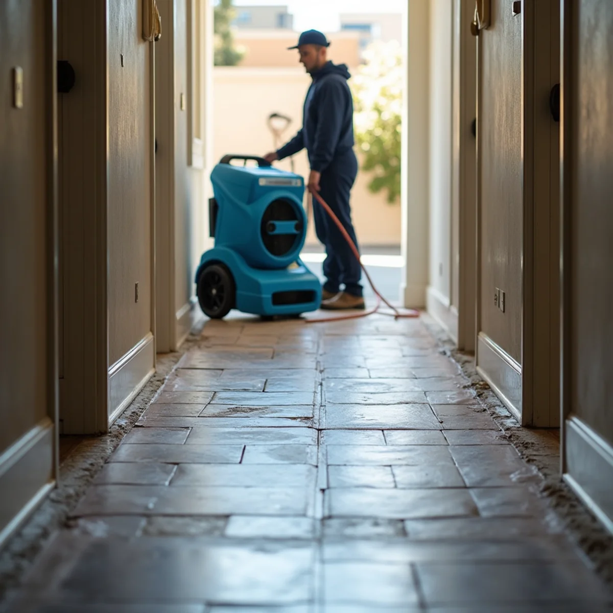 Floor protection and blocked-up furniture during restoration in a Redwood City home