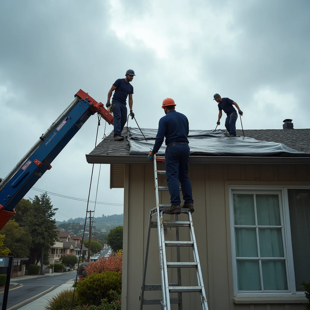 Emergency tarp secured over a leaking roof in Redwood City during winter storms