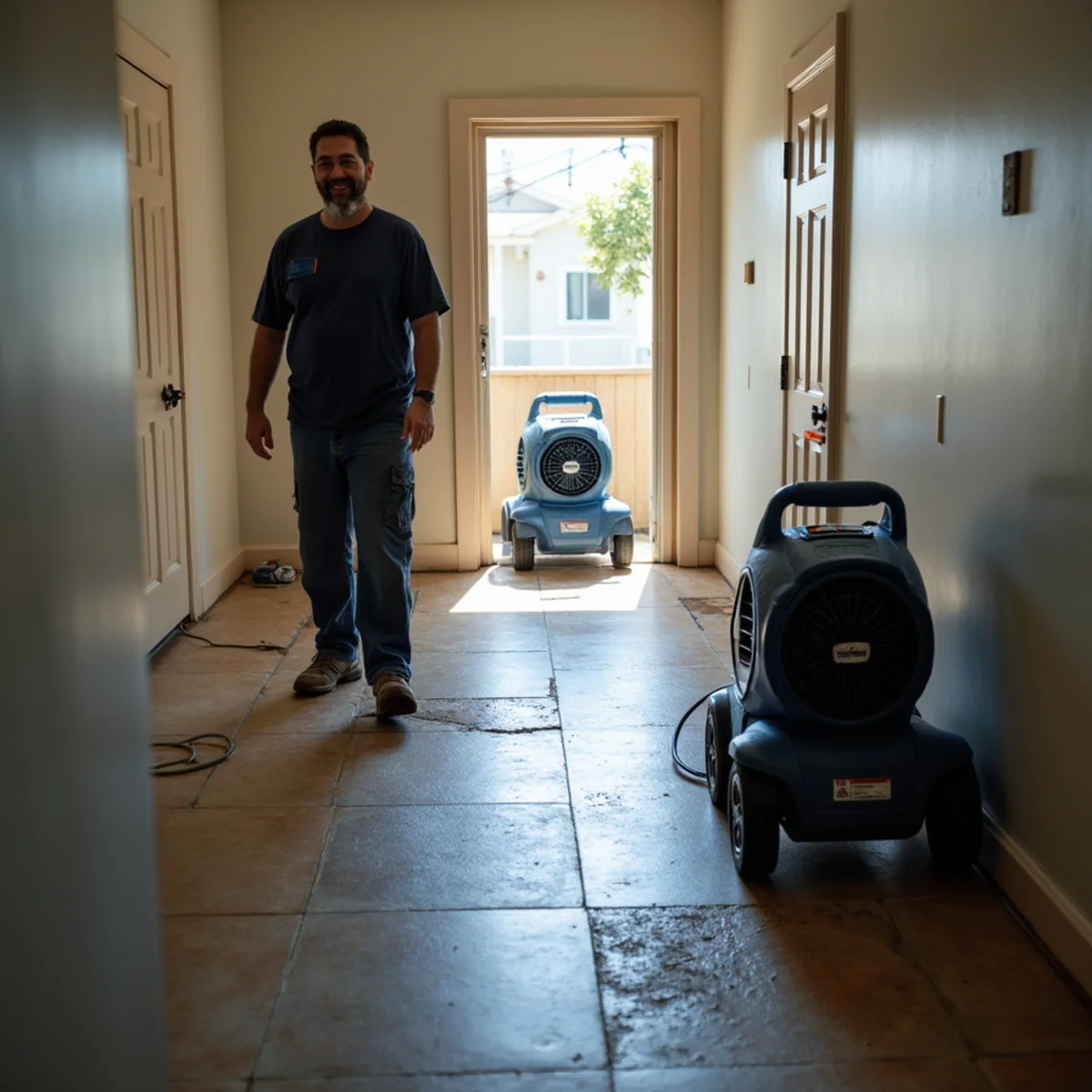Water damage restoration work inside a Colma, CA home