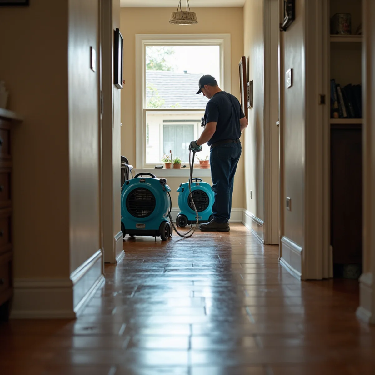 Water damage restoration work inside a Newark, CA home