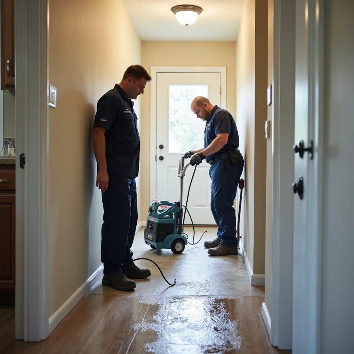 Water damage restoration work inside a San Mateo, CA home