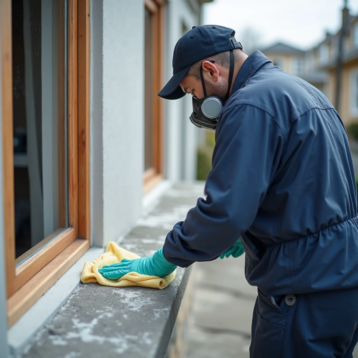 Technician in PPE sanitising surfaces after a sewage backup in Redwood City