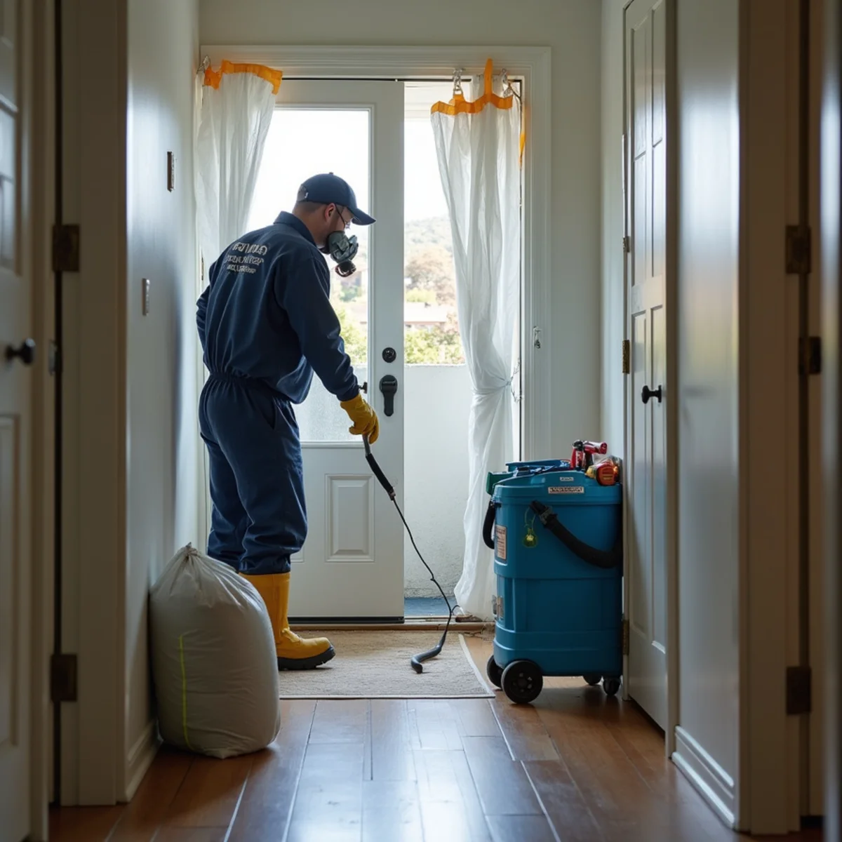 Technician in full PPE setting up containment for sewage backup cleanup in a Redwood City bathroom