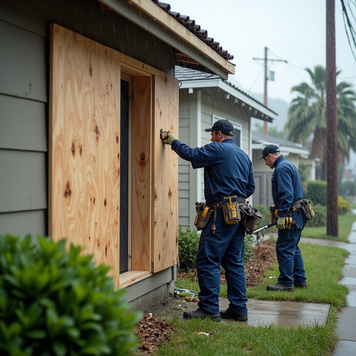 Emergency board-up of a storm-damaged window at a Redwood City property