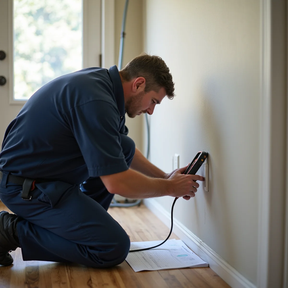 Technician recording daily moisture readings at marked points in Redwood City