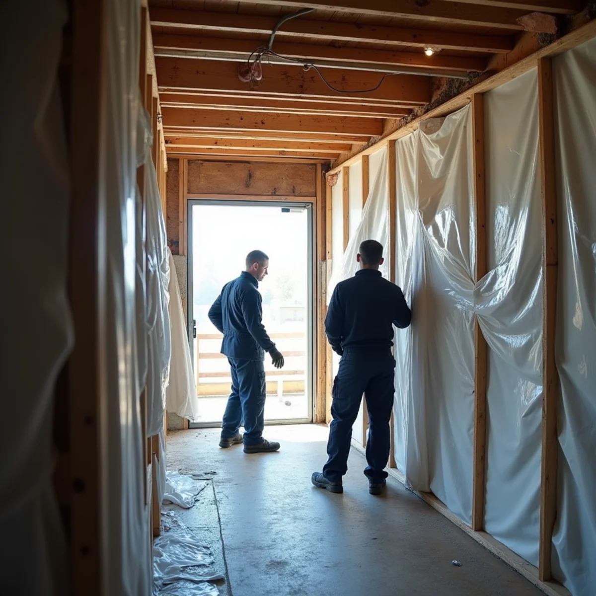 Sealed containment and HEPA air scrubber set for mold remediation in a Redwood City home