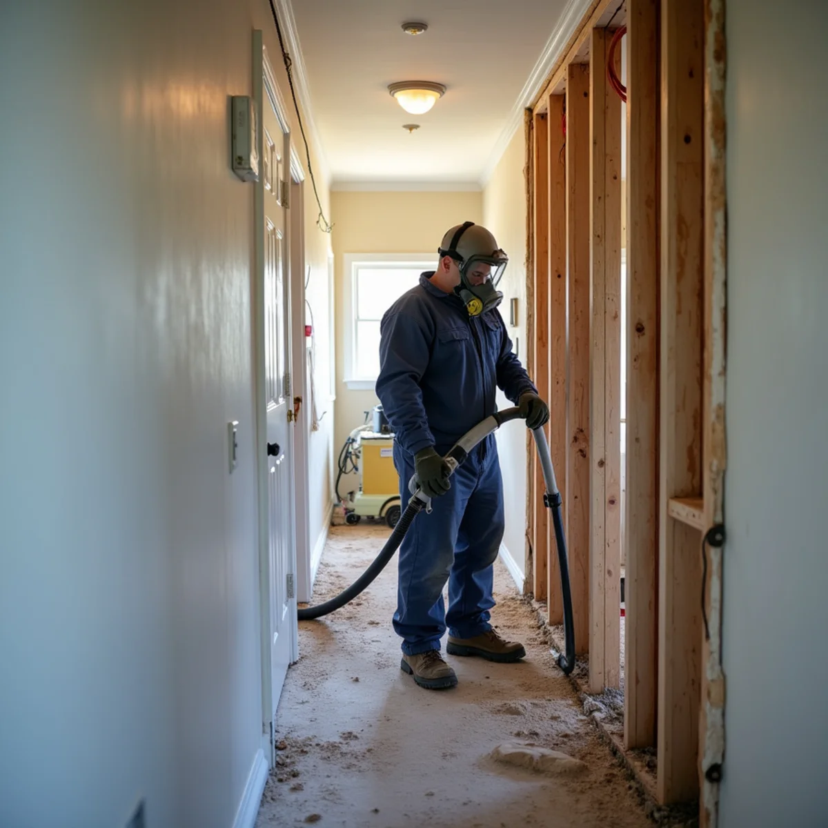 Containment barrier and HEPA air scrubber set up for mold remediation in a Redwood City home