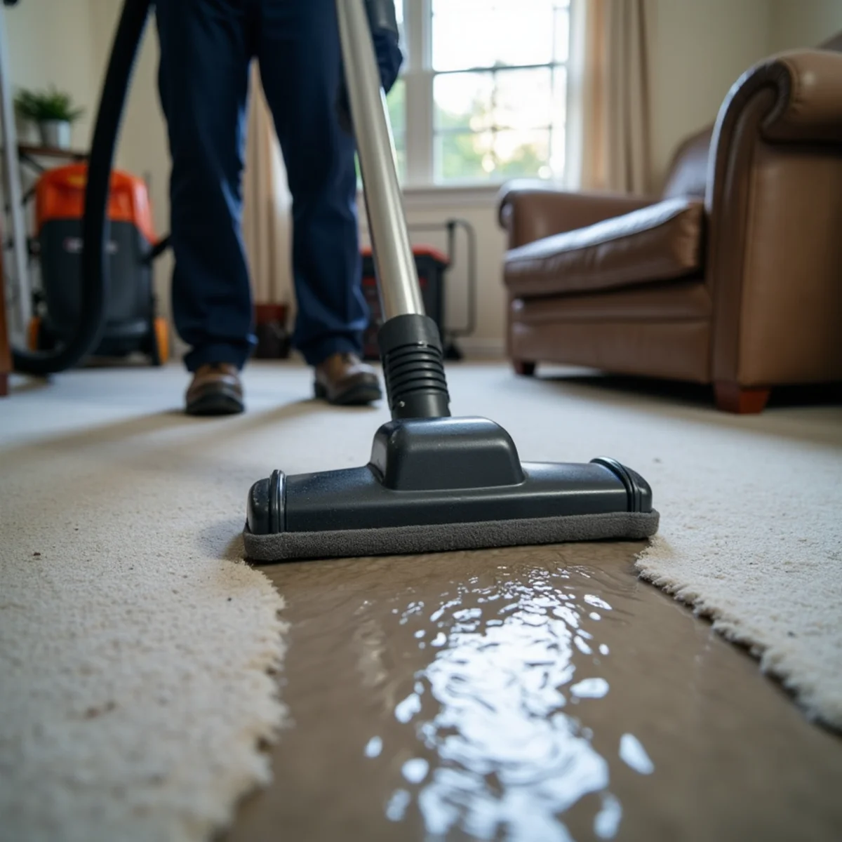 Technician extracting water from a flooded Redwood City living room floor