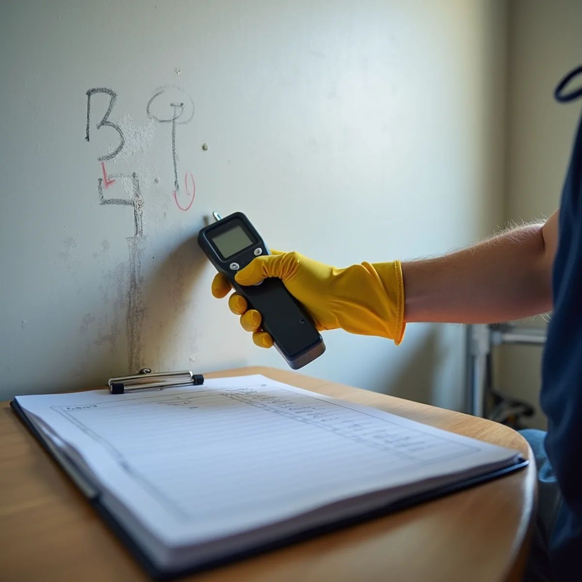 Moisture meter reading being logged on a wet wall in a Redwood City home