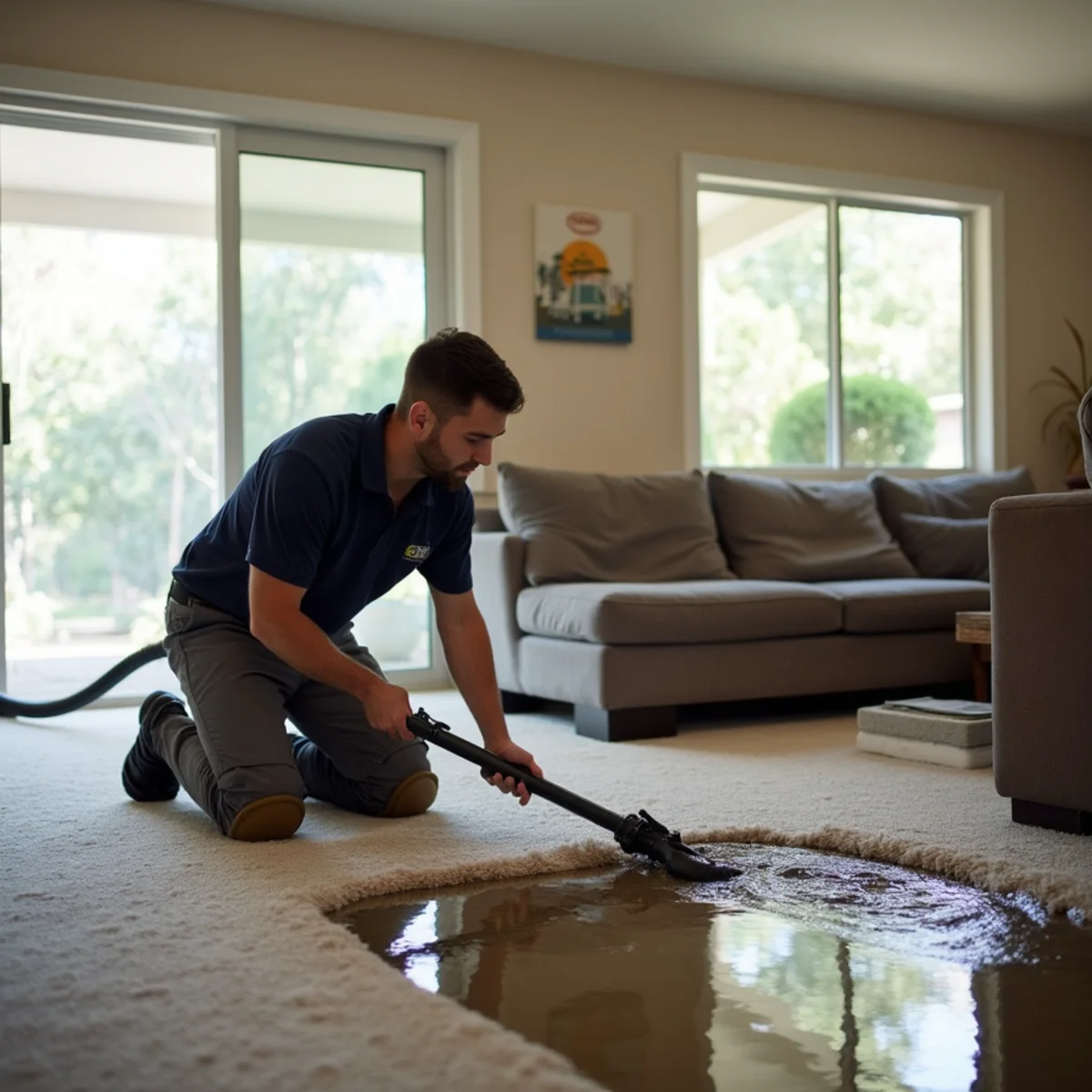 Restoration technician measuring moisture in a flooded Redwood City living room
