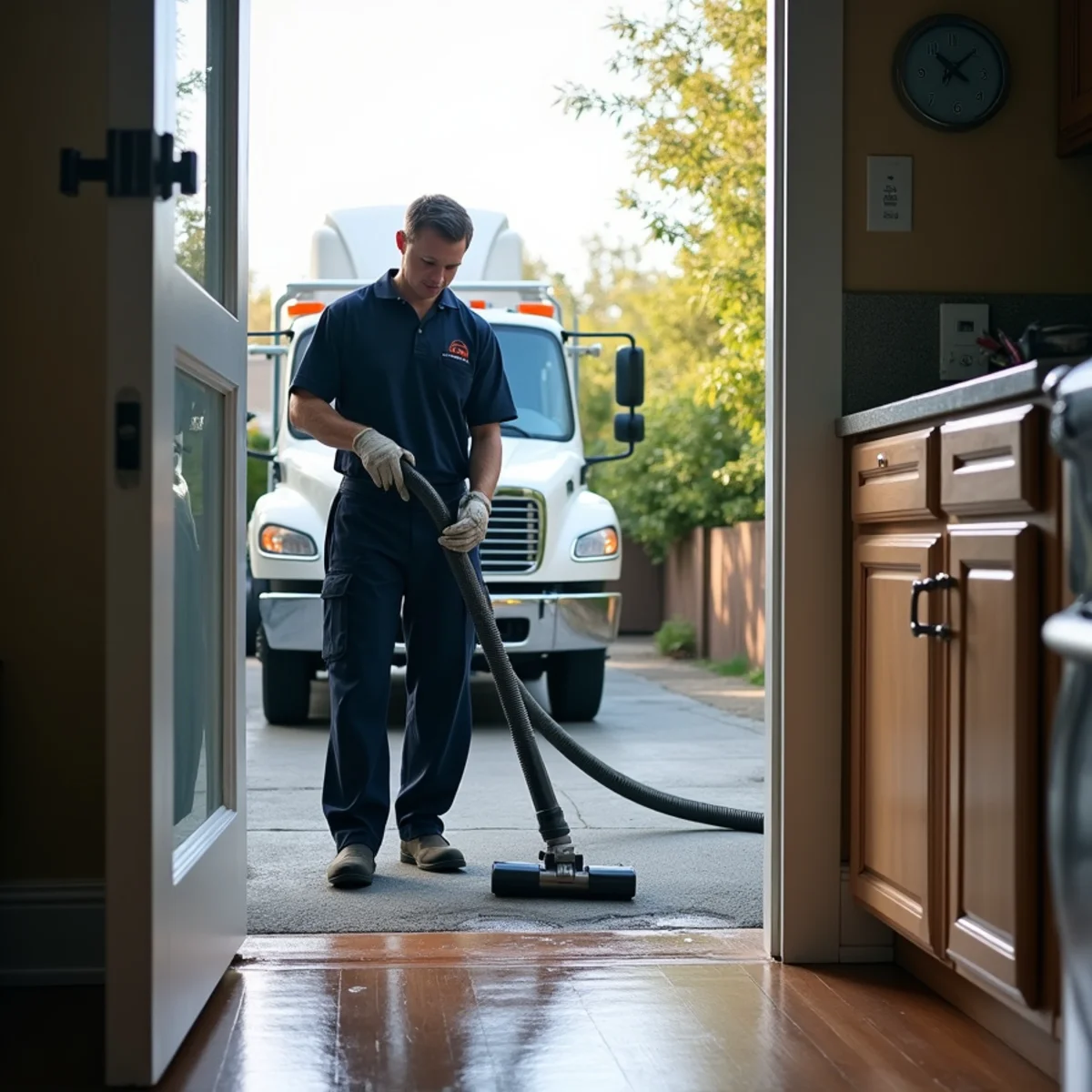 Truck-mounted extraction unit removing standing water from a Redwood City home